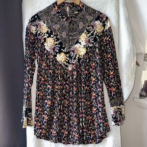 Free People Tunic Top Wildflower S Black Yellow Floral Paisley Boho‎ Long Sleeve